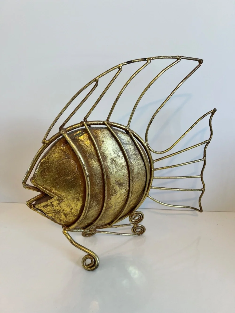 Vintage Handmade Metal Blowfish - Rustic Gold - Fish Sculpture - 11 inch Tall - Picture 10 of 15